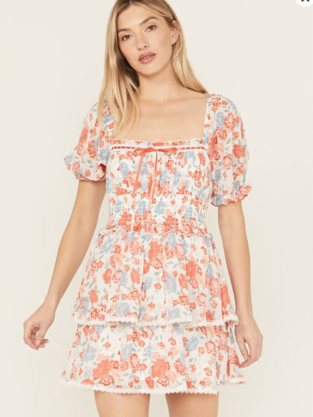 Ash & Violet Floral Smocked Lace-Trim Mini Dress - NWT